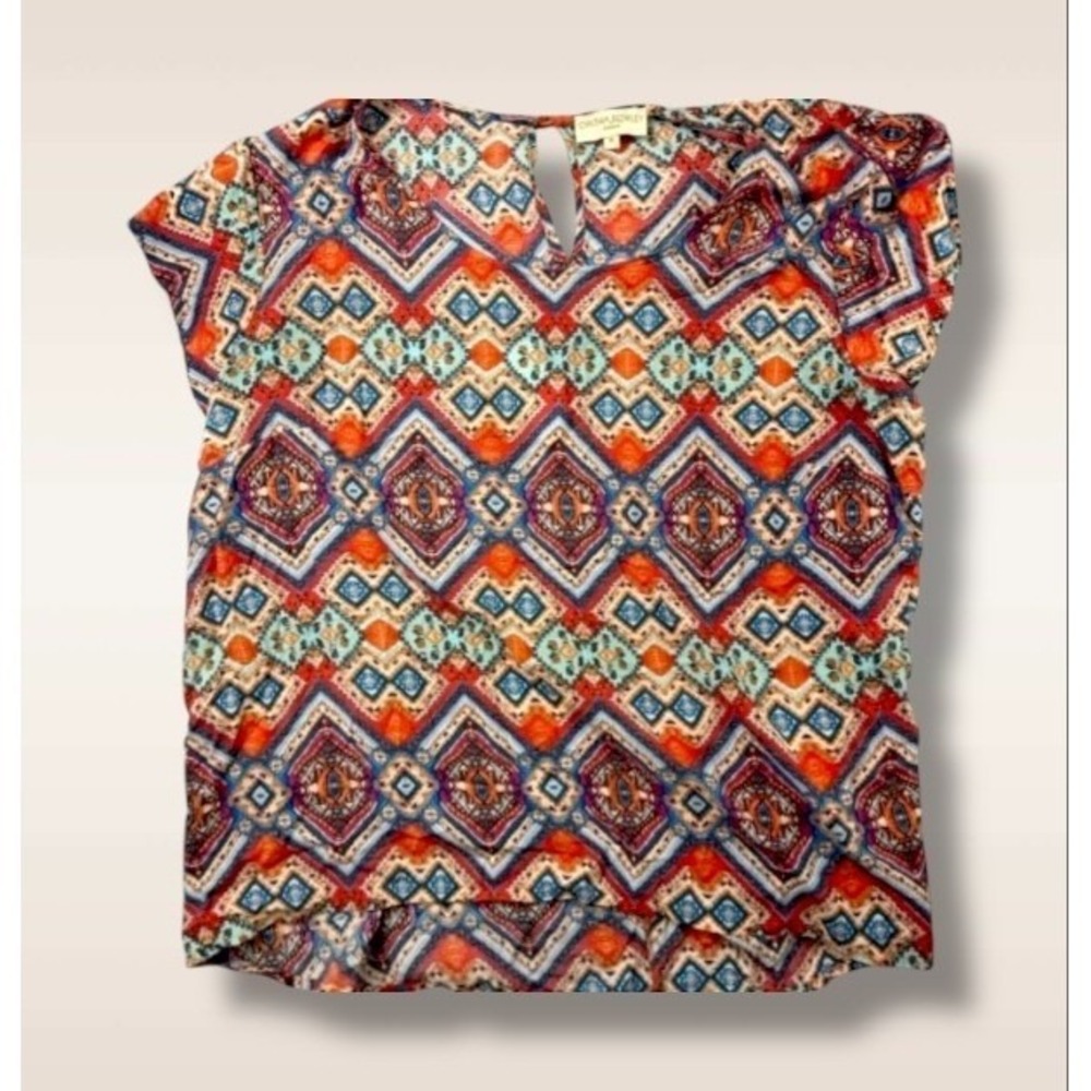 Cynthia Rowley Womens Blouse 1X Plus Geometric Aztec Print Boho Short Sleeve